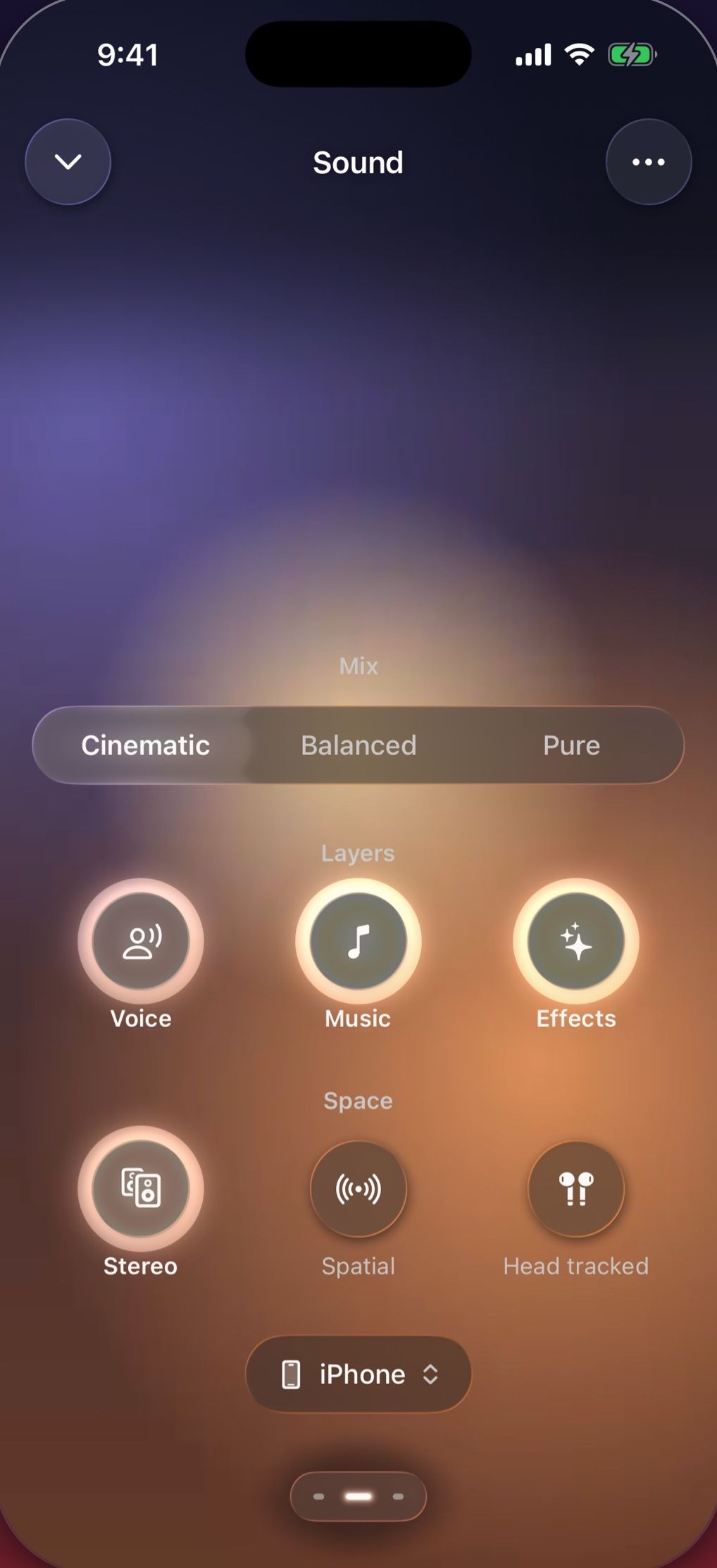 The Sound screen: Cinematic, Balanced and Pure mixes, with voice, music and effects layers.